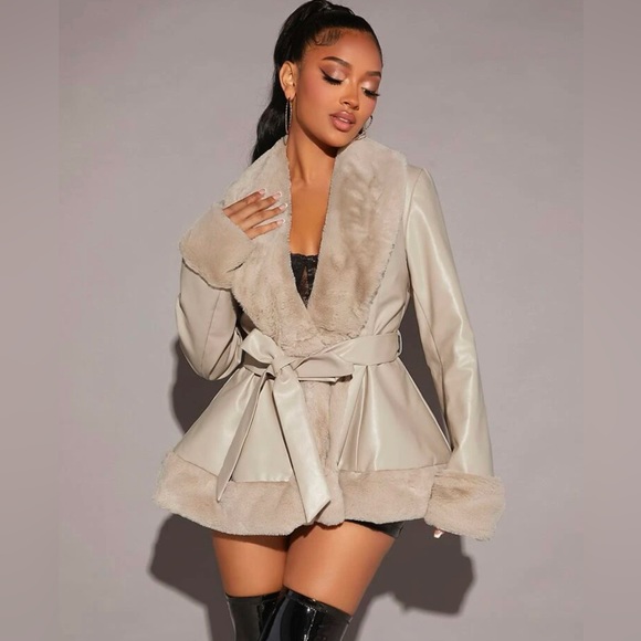 Faux Leather Fur Trim Belted Coat - Picture 1 of 5